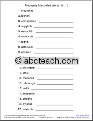Frequently Misspelled Words (list 10) Unscramble the Words