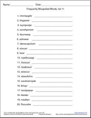 Frequently Misspelled Words (list 11) Unscramble the Words