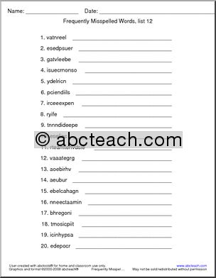 Frequently Misspelled Words (list 12) Unscramble the Words
