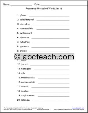 Frequently Misspelled Words (list 13) Unscramble the Words