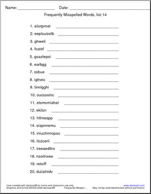 Frequently Misspelled Words (list 14) Unscramble the Words