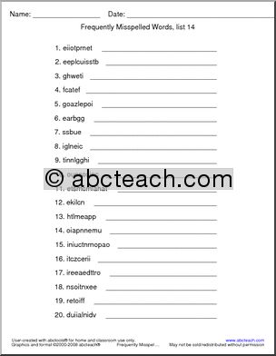 Frequently Misspelled Words (list 14) Unscramble the Words