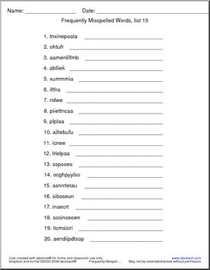 Frequently Misspelled Words (list 15) Unscramble the Words