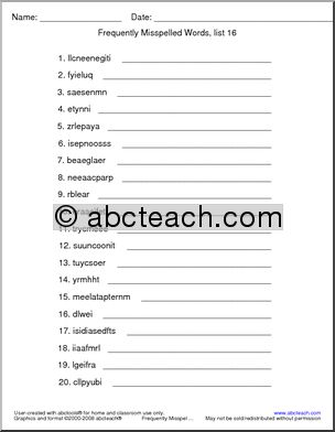 Frequently Misspelled Words (list 16) Unscramble the Words