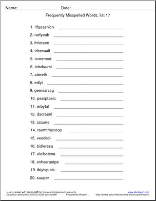 Frequently Misspelled Words (list 17) Unscramble the Words