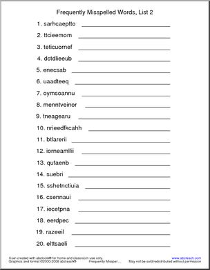Frequently Misspelled Words (list 2) Unscramble the Words