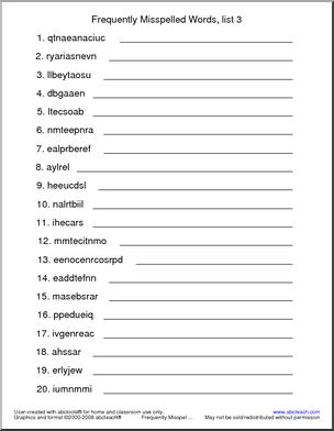 Frequently Misspelled Words (list 3) Unscramble the Words
