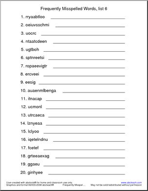 Frequently Misspelled Words (list 6) Unscramble the Words