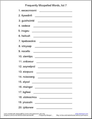 Frequently Misspelled Words (list 7) Unscramble the Words
