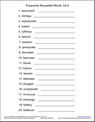 Frequently Misspelled Words (list 9) Unscramble the Words