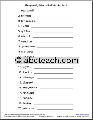 Frequently Misspelled Words (list 9) Unscramble the Words
