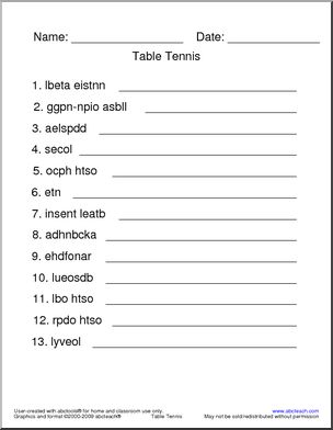 Unscramble the Words: Table Tennis Terminology