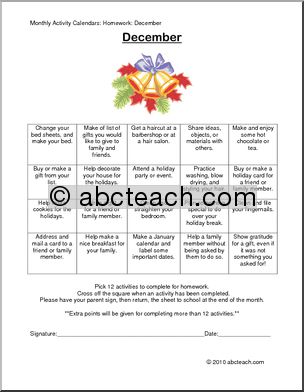 Monthly Activity Calendars: Homework: December (upper elementary/special needs)