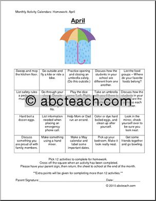 Monthly Activity Calendars: Homework: April (upper elementary/special needs)