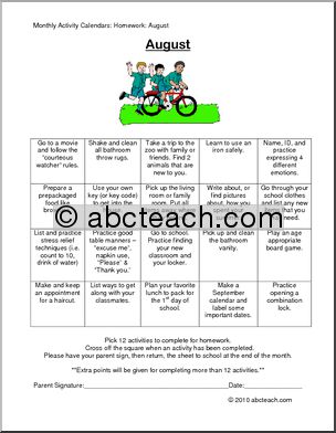 Monthly Activity Calendars: Homework: August (upper elementary/special needs)