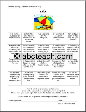 Monthly Activity Calendars: Homework: July (upper elementary/special needs)