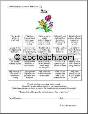 Monthly Activity Calendars: Homework: May (upper elementary/special needs)