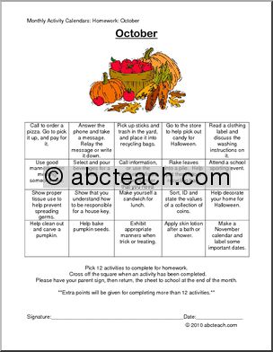Monthly Activity Calendars: Homework: October (upper elementary/special needs)