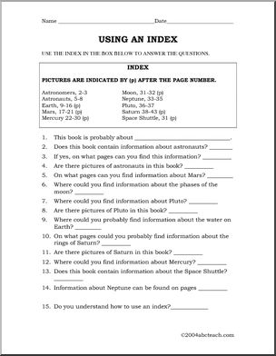 Worksheet: Using an Index (elem/ upper elem)
