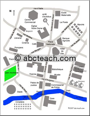 French: Town Map with Directions and Preposition Exercise