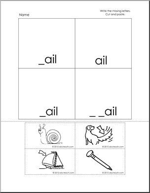 ail Words Cut & Paste Worksheet (k-1) Words from Words