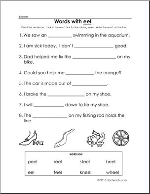 eel Words Cloze Worksheet (k-1) Words from Words