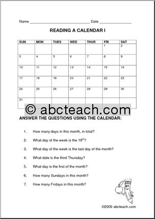 Calendar: Practice Reading a Calendar 1 (elem)