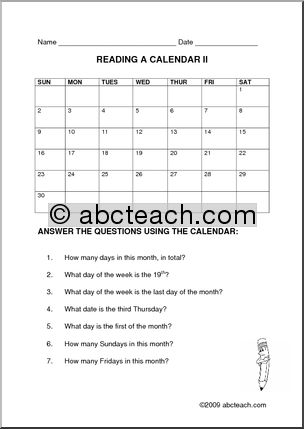 Calendar: Practice Reading a Calendar 2 (elem)