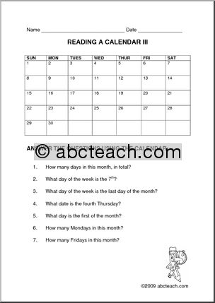 Calendar: Practice Reading a Calendar 3 (elem)
