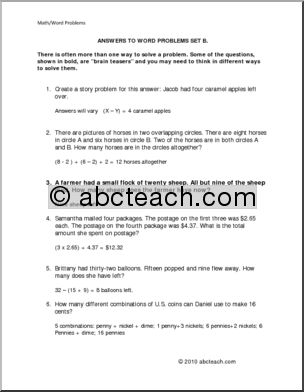 Sets A – U (elem/upper elem) – answers Word Problems