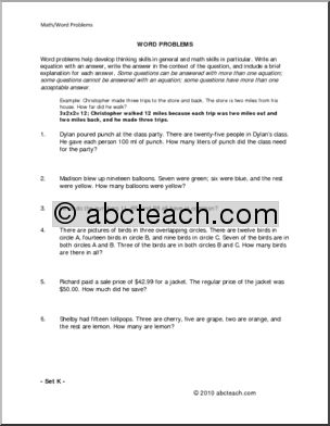 Set K (elem/upper elem) Word Problems