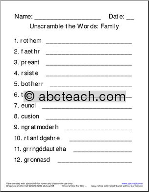 Unscramble the Words: Family Words