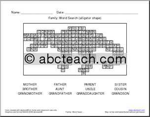 Word Search: Family Words (alligator shape)