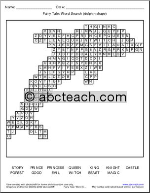 Fairy Tale Words (dolphin shape) Word Search