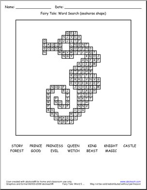 Fairy Tale Words (seahorse shape) Word Search