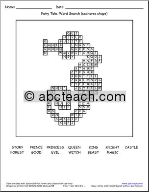 Fairy Tale Words (seahorse shape) Word Search