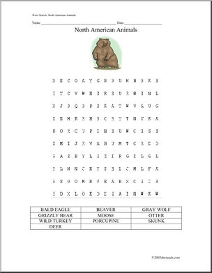 Word Search: North American Animals – Abcteach