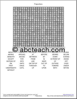 Prepositions Word Search