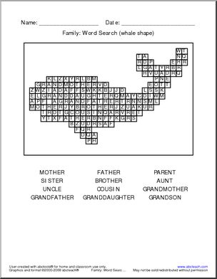 Word Search: Family Words (whale shape)
