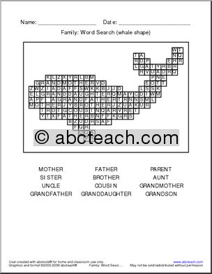 Word Search: Family Words (whale shape)