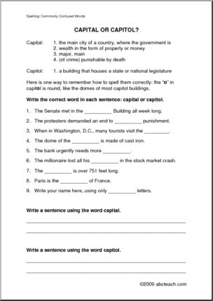 Spelling – Capital or Capitol Worksheet