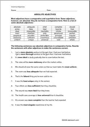 Worksheet: Absolute Adjectives (middle school)