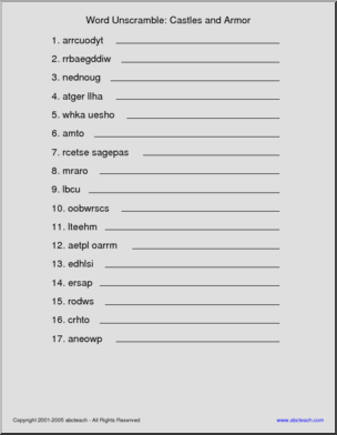 Castles and Armory (elementary) Unscramble the Words