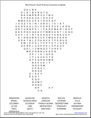 Word Search: South American Capitals & Countries