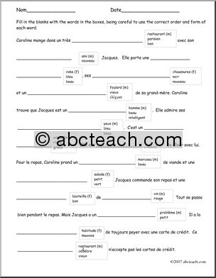French: Worksheet  AdjectifsÃ³ordre et accord
