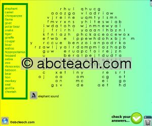 Interactive: Flipchart: Word Search: Zoo Animals (elephant-shaped puzzle)
