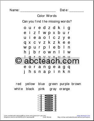 Word Search: Color Theme Words (easy) (k-1)