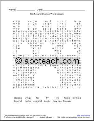 Word Search: Dragon Theme Words Castle (easy) (k-1)