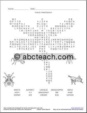 Word Search: Insects Dragonfly Puzzle (medium) (primary/elementary)