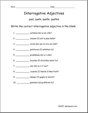 French: Worksheet  Interrogative Adjectives